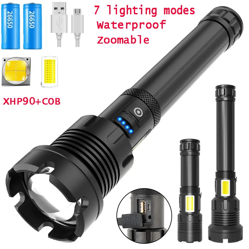 

7 lighting modes Powerful LED Flashlight With XHP 90 Lamp bead +COB Zoomable Torch Support for Mircro Charging Hunting Lamp