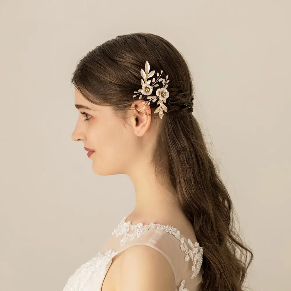 O559 Klassieke Geschilderd Bladeren Dubbele Bridal Ornamenten Kathedraal Wedding U-vorm Haarspelden Met Faux Bloemen