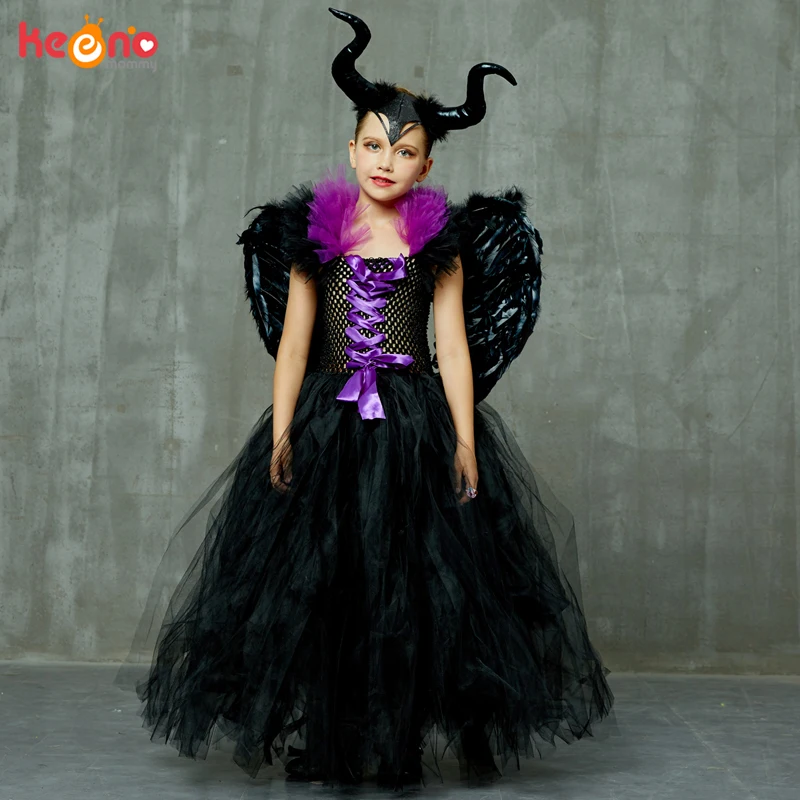 Evil Queen Black Gown Tutu Dress with Deluxe Horns and Wings Girls Villain Fancy Dress Kids Halloween Cosplay Witch Costume