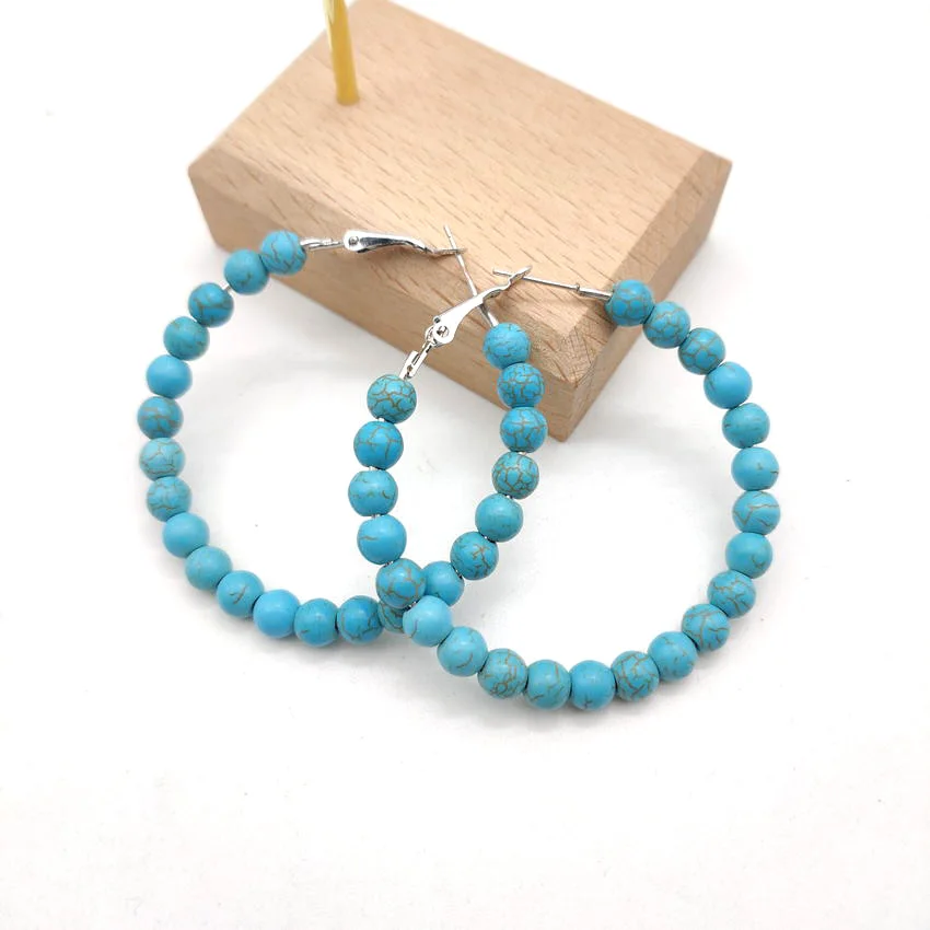 New Arrival Turquoise Beaded Wood Hoop Earrings for Women 2022 Classic Boho Bead Earrings Boutique Jewelry Free Shipping