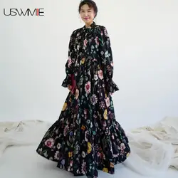 Elegant Dress Vintage Fashion Long Sleeve Closed Dress Women Flower Hit Color Neckline Tie Lotus Leaf Big Swing Dress