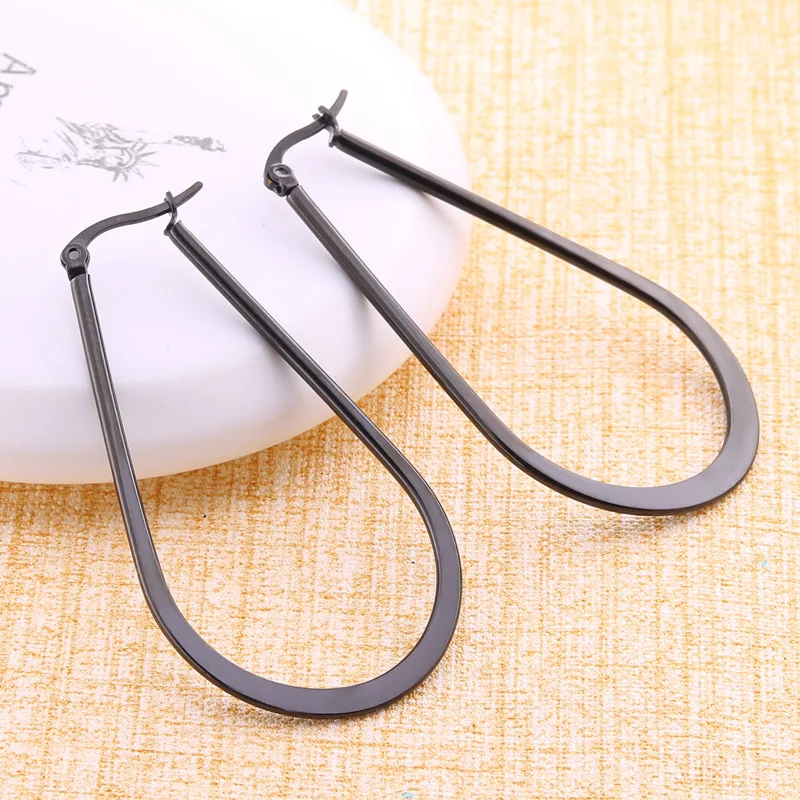 1Pair Titanium Steel Stainless Steel Earrings Oval Flattened Big Ear Hoop Earrings Women's Nightclub Exaggerated Earrings