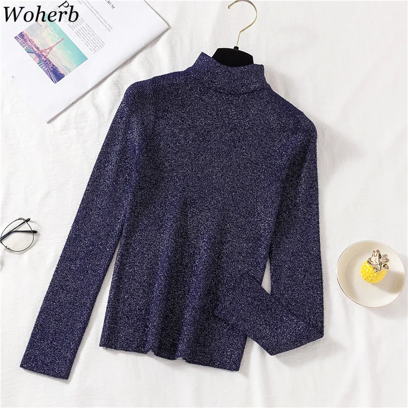 Woherb Lurex Glitter Women Sweater Autumn Winter Turtleneck Pullover Jumper Fashion Elegant Solid Stretch Female Sweaters Top