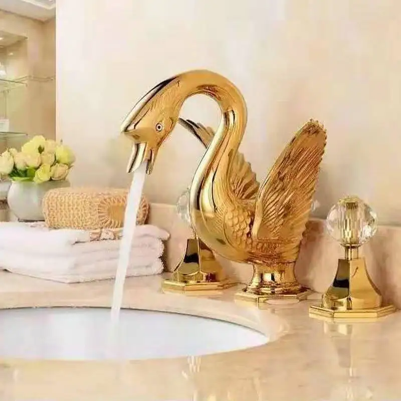 

Golden Basin Faucet swan Style Widespread Bathroom Basin Sink Faucet Bathroom Mixer Tap Dual Handle Crane Animal Shape Mixer Tap