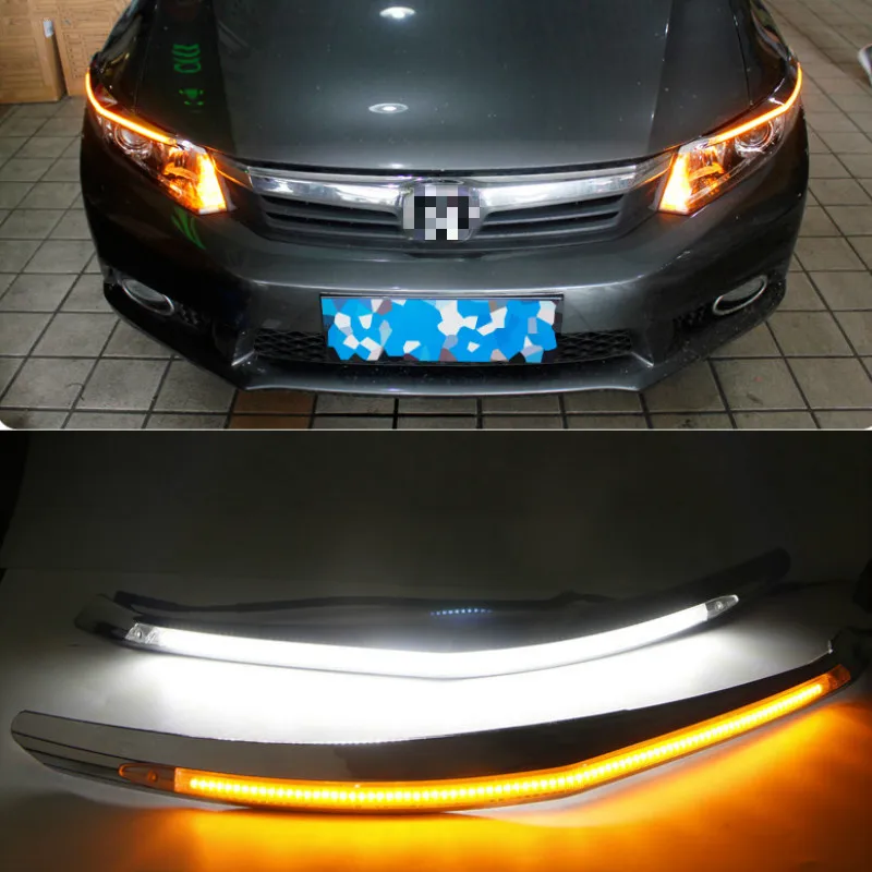 

For Honda Civic 2011-2015 LED Headlight Eyebrow Water Flowing Daytime Running Light DRL With Yellow Signal