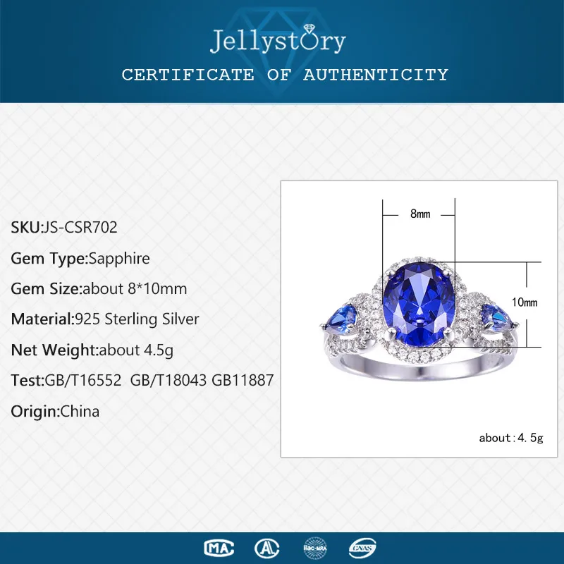 Jellystory Classic 925 Silver Jewelry Ring with 8*10mm Oval shaped Sapphire Zircon Gemstones Women rings Wedding Gift wholesales