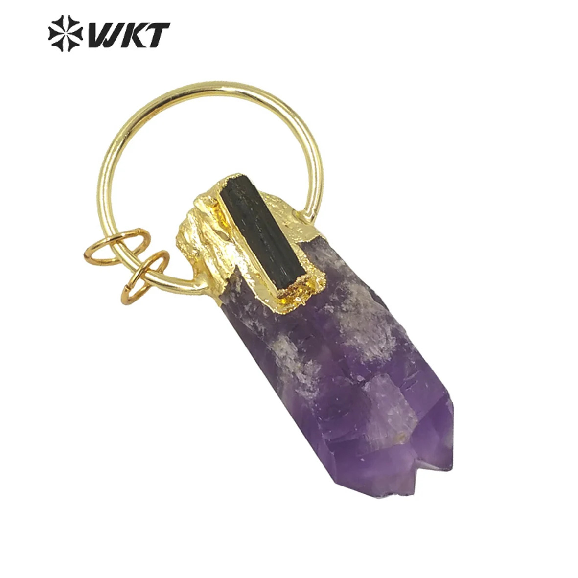 WT-P1624 Amazing Decorated Natural Stone Amethysts Point Pendant With Black Tourmaline Women Fashion Gold ACC