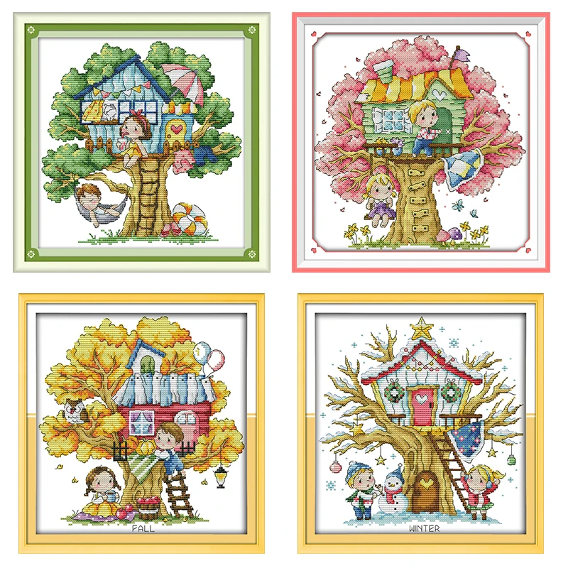 

Cartoon Tree House Series Embroidery Counting Cross Stitch Kit 11CT 14CT Stamped Printing Needle and Thread Set Room Decoration