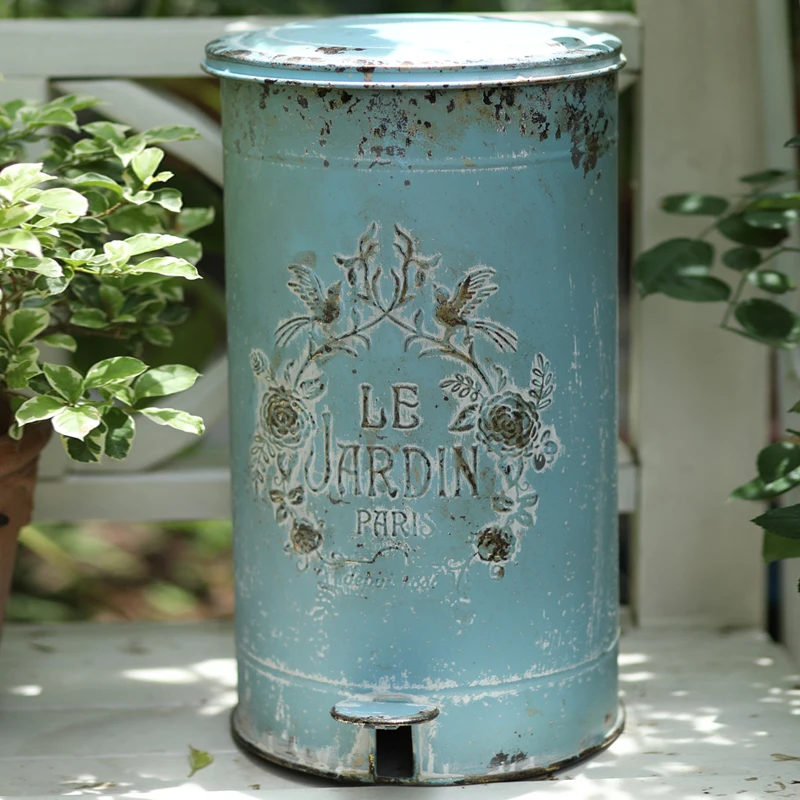 Vintage Antique Retro Large Metal Storage Bin or Trash Can with Lid