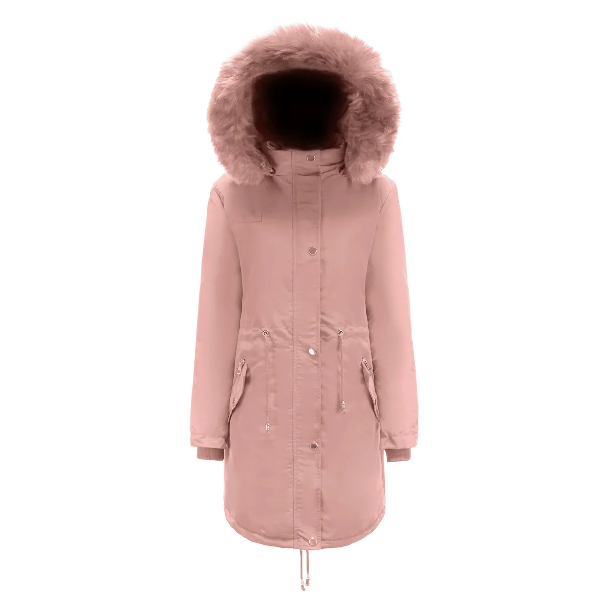 C74 Mid Length Coats For Women Removable Hooded Adjustable Waist Thicken Fleece Windproof Warm Mountain Snow Fashion Chic Jacket