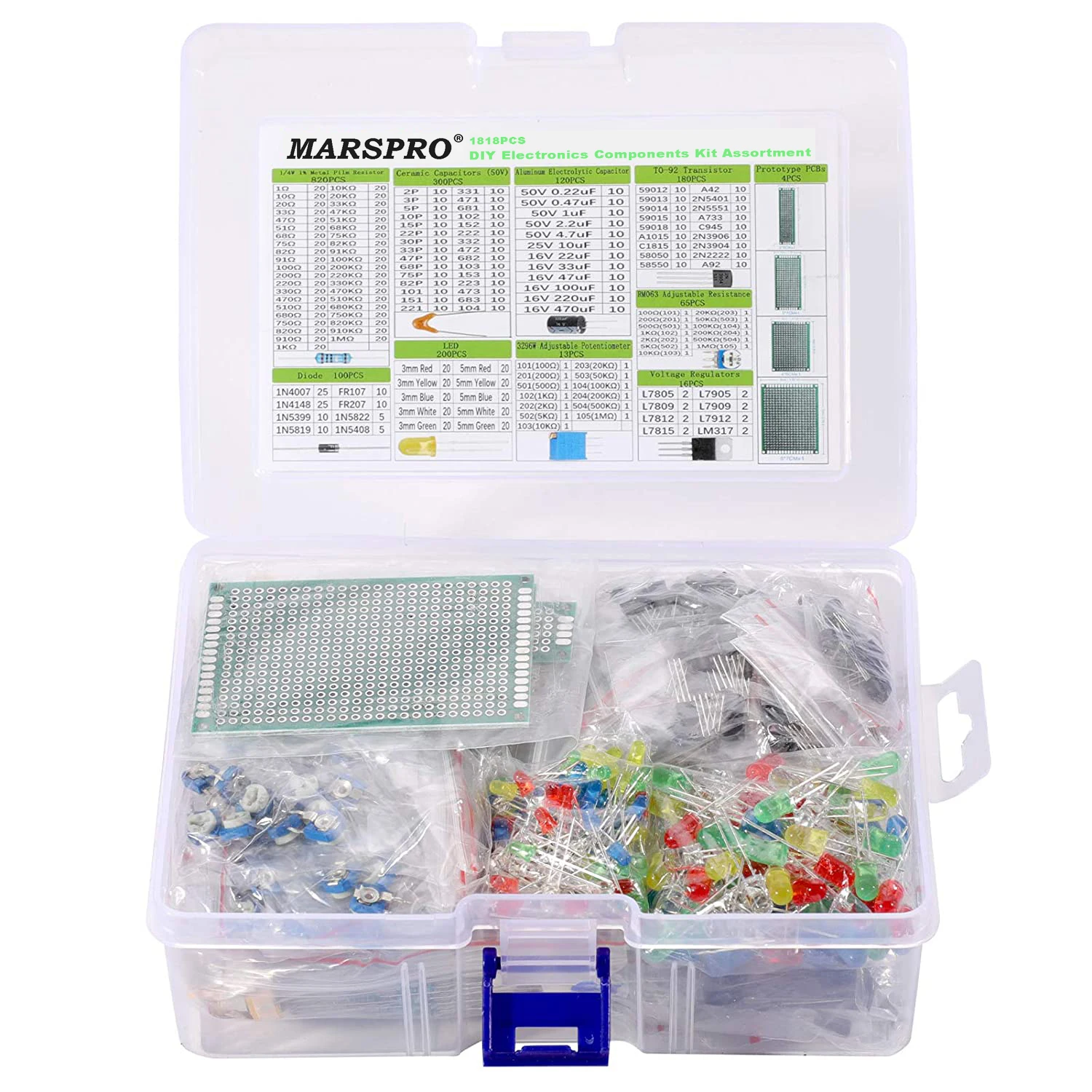 DIY Electronics Components Kit Assortment, Resistors 1818PCS, LED Triode Capacitors Diodes PCB Potentiometer Variable Resistance