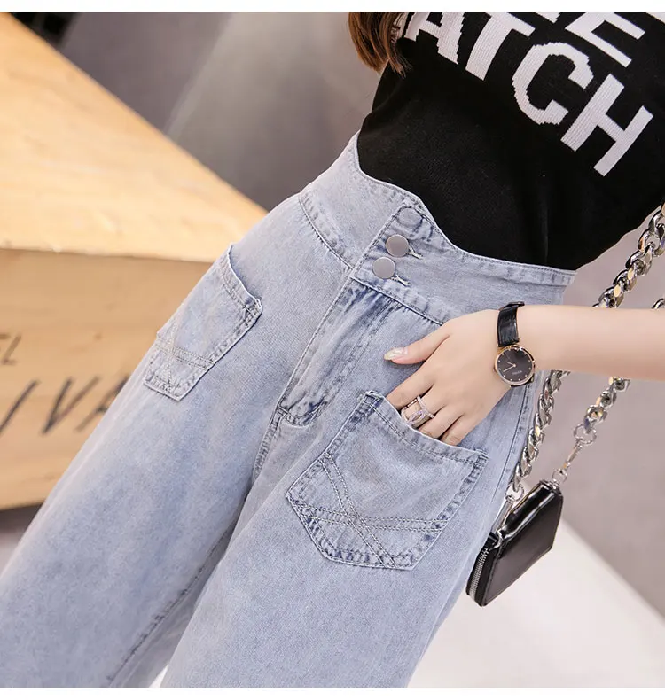 Cổ Thẳng Ống Rộng Quần Lửng Jeans Nữ Slim Denim Rời Thẳng Quần Đôi Ngực Quần Jean Cao Cấp Quần Dài Nữ