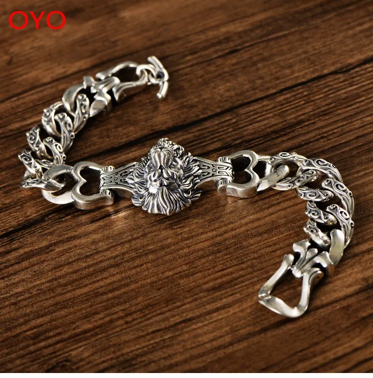 

100% s925 sterling silver European and American domineering lion head bracelet trend men's street hip hop silver bracelet