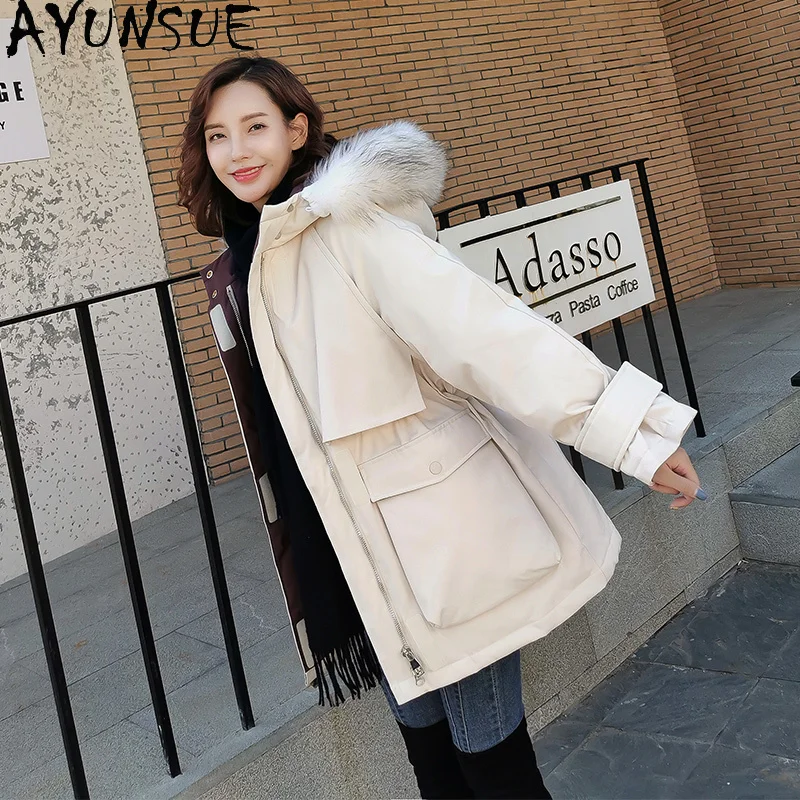 

AYUNSUE Women's Jacket Winter 90%white Duck Down Jackets for Woman Real Raccoon Fur Collar Parkas Female Coats Ropa Mujer TN208