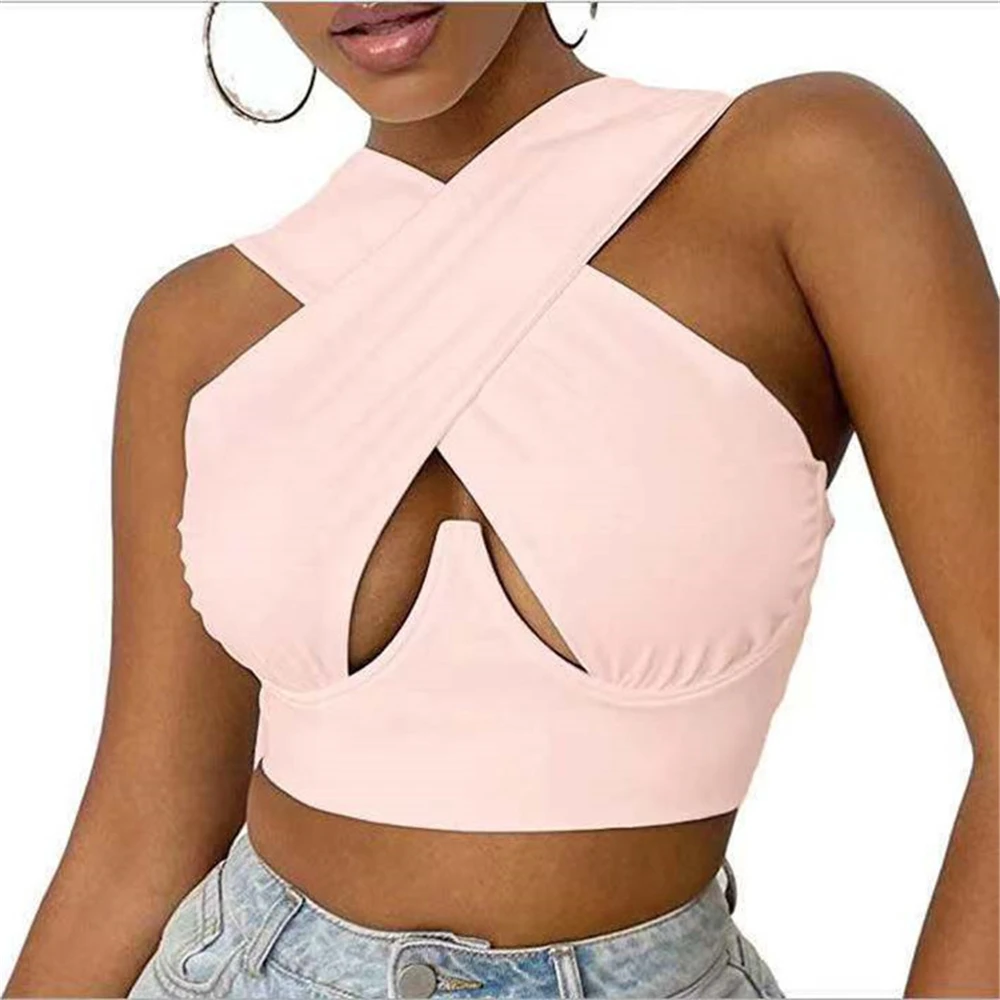 2021 Top marrone corto da donna Criss Cross Tank Sexy senza maniche Solid Cutout Front Top Party Club Streetwear Lady Bustier Tops