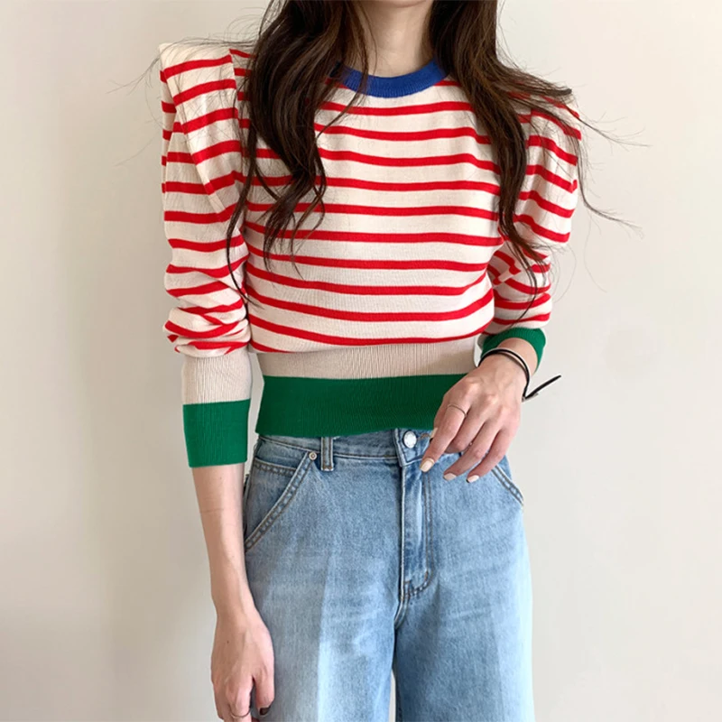 OCEANLOVE 2021 Musim Gugur Tarik Femme Bergaris Cantik Puff Lengan Pendek Sweater Wanita Slim Korea Chic Fashion Musim Dingin Pullovers 18411