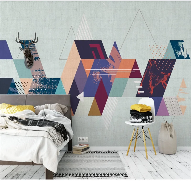 

Xuesu Nordic abstract colorful geometric graphics pattern bedside bedroom living room TV background wall custom wallpaper mural