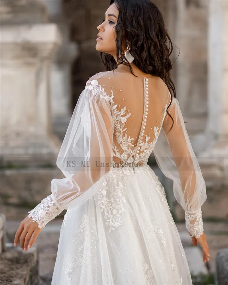 Kasteel Vintage Trouwjurken 2021 Bladerdeeg Lange Mouw Kant Bruid Jurk Kralen Glitter Tulle Parels Boho Bruidsjurken Casamento