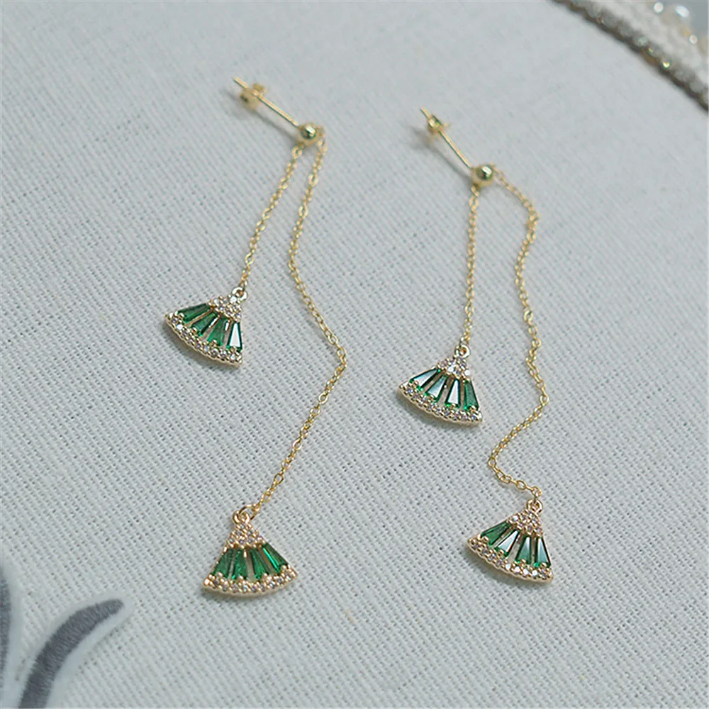 Green Sparkling Sector Zircon Tassel Long Dangle Earrings For Women 925 Sterling Silver Earrings Wedding Jewelry Gifts