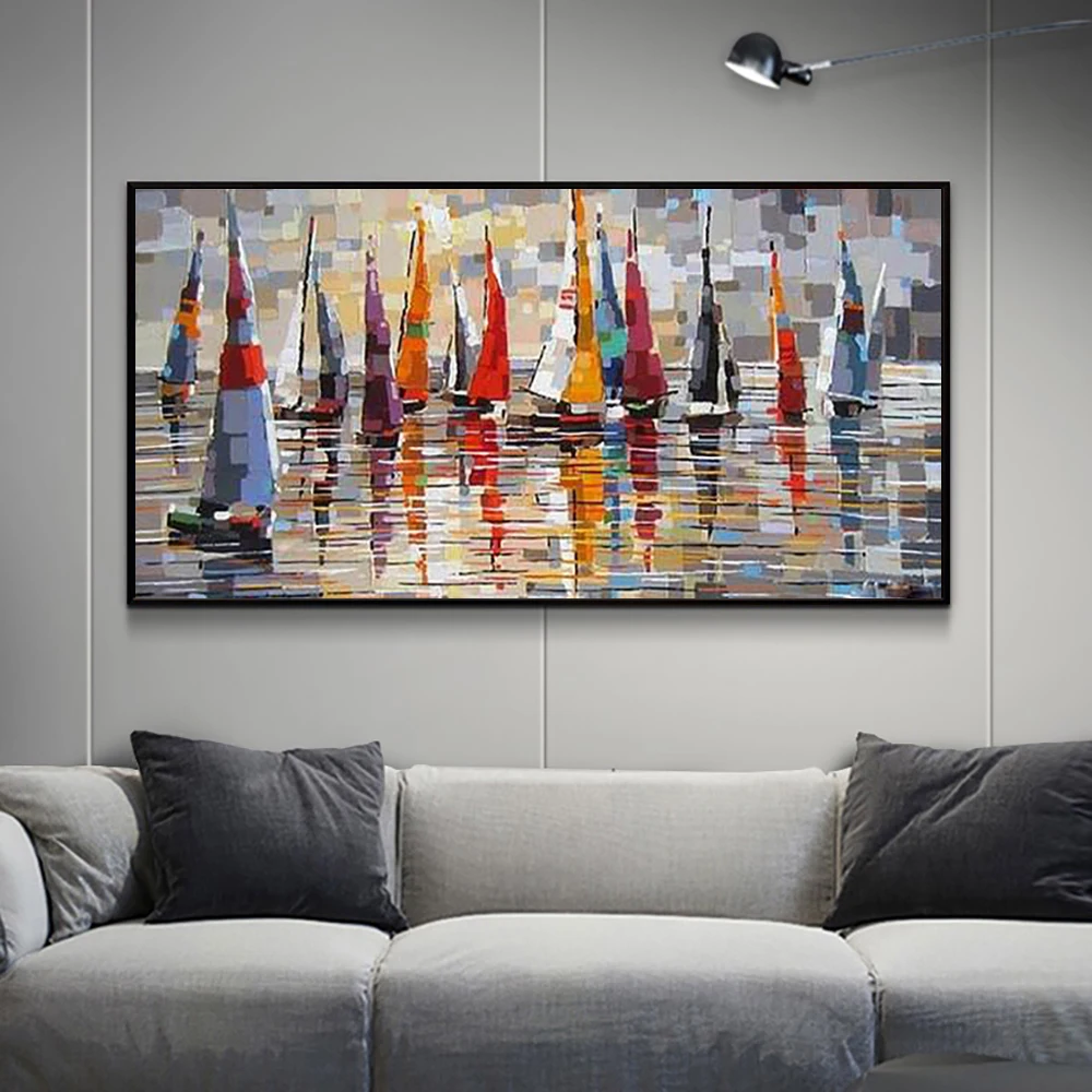 

Hand Painted Abstract Color Sailboat Painting On Canvas Wall Art For Living Room Office Wall Decoration Texture Canvas Painting