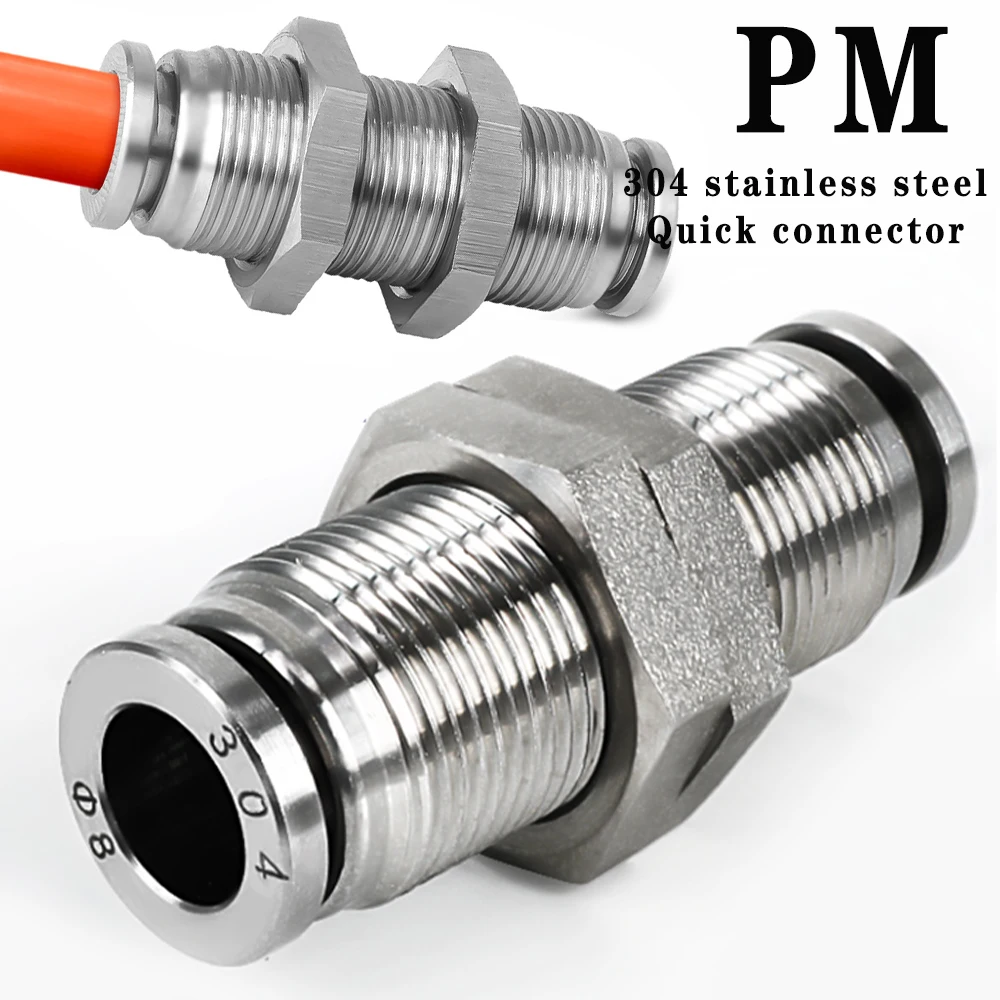 304 stainless steel metal pneumatic connector PM partition quick plug connector 4 6 8 10 12 16mm trachea hose connector