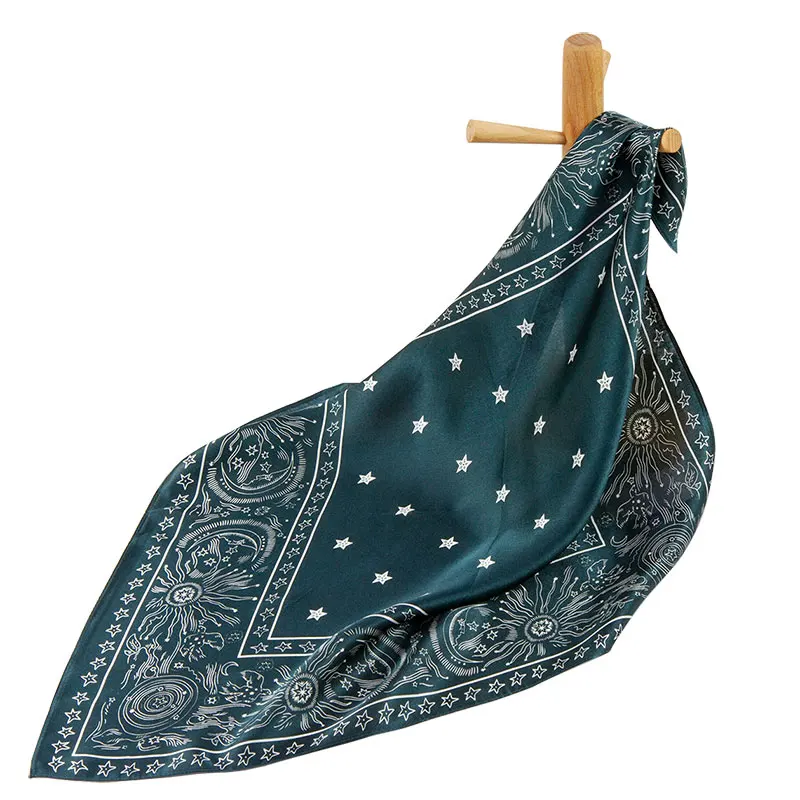 100% Pure Silk Scarf Women Bandana Female Hair Scarf Handkerchief Women\'s Natural Silk Square Headband for Women Moon and Star