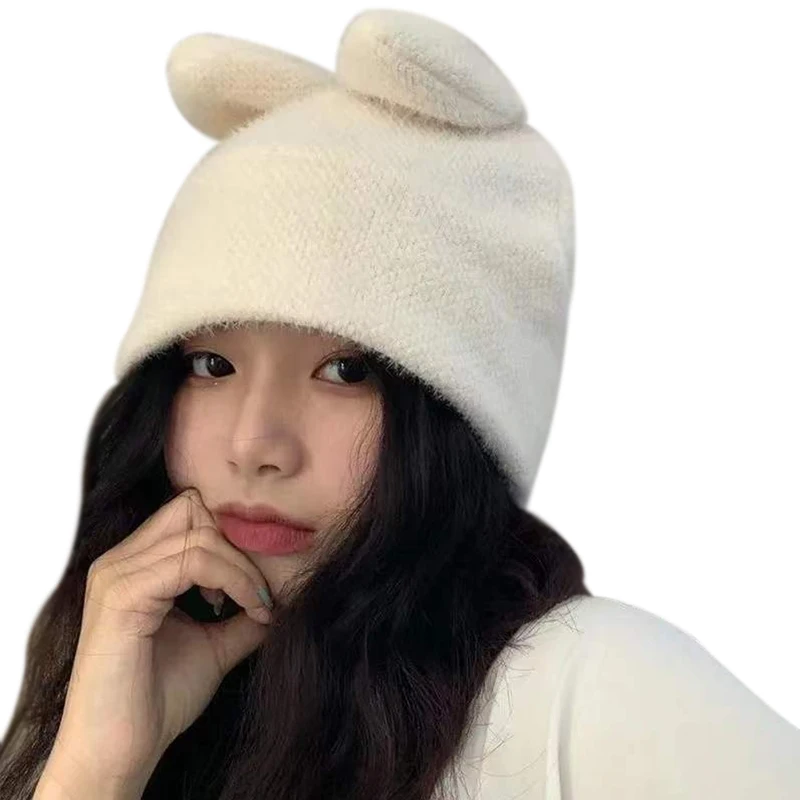 Draping rabbit ears rabbit fur Hat Women Autumn Winter knitted wool Hats winter warm Korean version of Japanese Hats cute gift