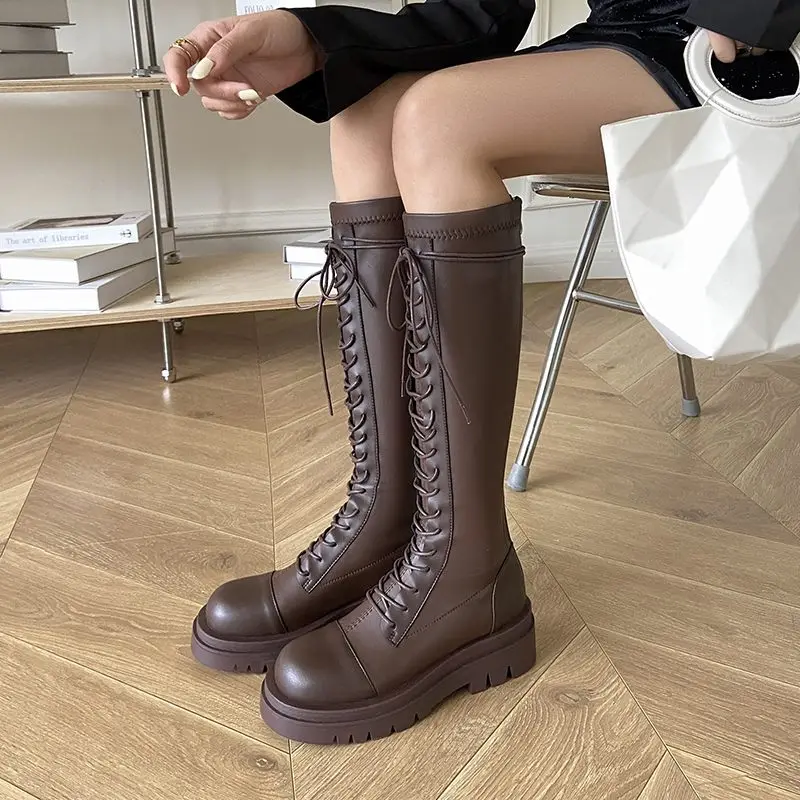 MORAZORA Plus Size 34-43 New Women Boots Lace Up Knee High Boots Thick Fur Platform Winter Snow Boots Chunky Ladies Shoes