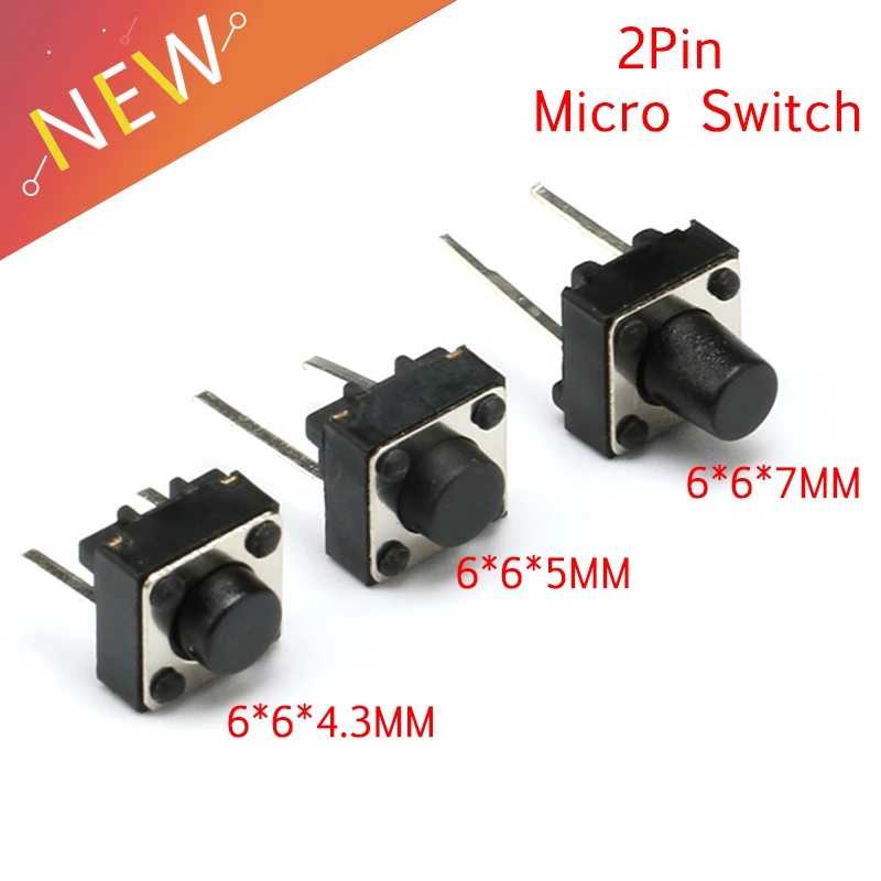20 sztuk Środkowy 2-pinowy przełącznik Dotykowe przełączniki przyciskowe 6x6x4,3 mm 6x6x5 mm 6x6x7 mm Mikroprzełącznik Chwilowy przycisk