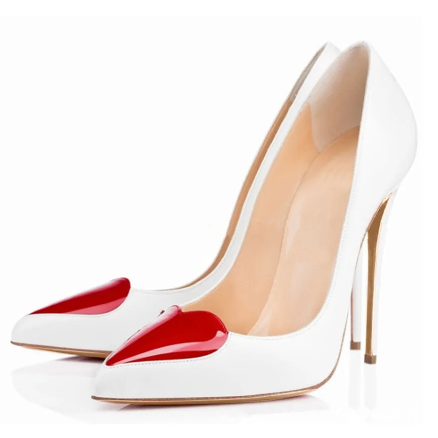 Zapatos de tacón alto en forma de corazón rojo para mujer, calzado de vestir de charol poco profundo, Sexy, negro y blanco, otoño