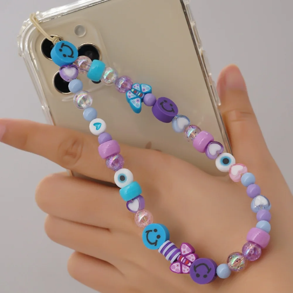 Boho Simulated Pearl Acrylic Mobile Phone Strap Lanyard Soft Pottery Cartoon Smile Star Anti-lost Phone Cord Chain цепочка