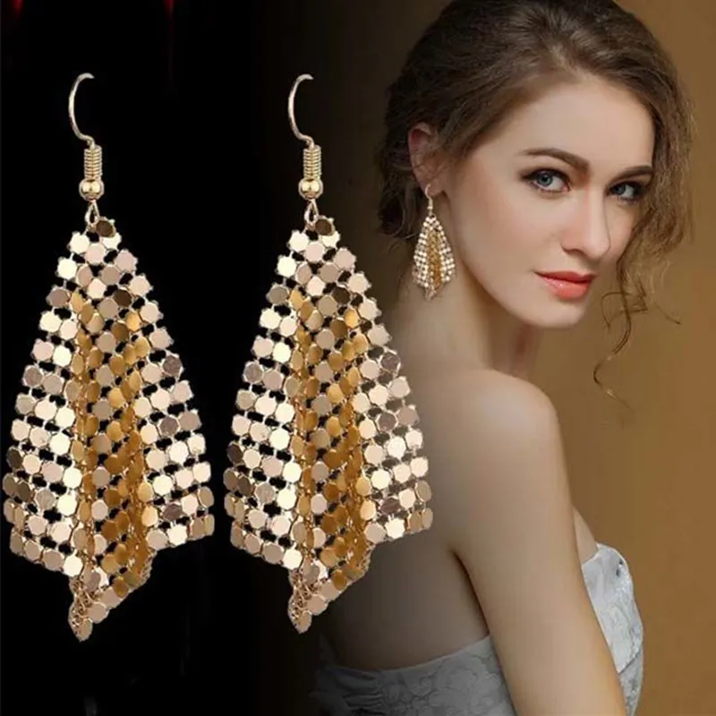 2024 Fashion Mesh Sequin Earring Women Metal Mesh Lattice Sequins Tassel Long Drop Dangle Earrings Women Wedding Party Jewelry