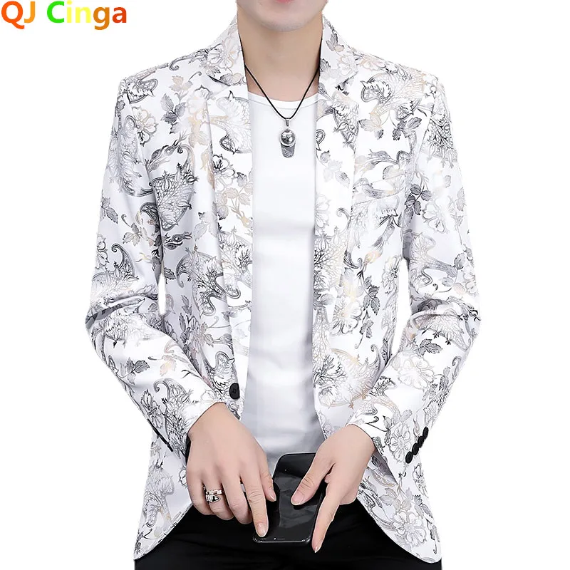 White Print Men Blazer Jacket, Korean Trend Streetwear Mens Clothing Casual Suit Coat Male Slim Fit Blazer Masculino Black