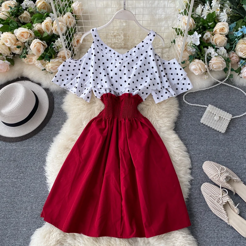 

Boho Ruffles Sexy Off Shoulder Polka Dot Print Patchwork Summer Short Dress Women Slim Waist Vestidos Casual A-Line Beach Dress