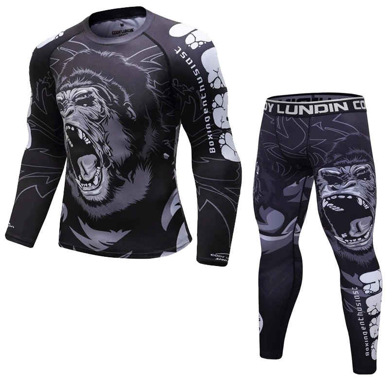 Men Boxing Suit Compression Sport Running T-Shirt+Pants Sets Tight Kickboxing Tracksuit MMA Muay Training Rashguard Fightwear