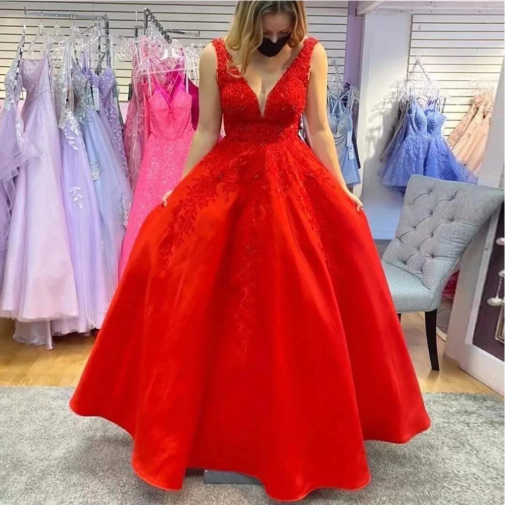 

Angelsbridep Red Ladies Elegant Prom Dresses Beading Sequined Appliques Deep V-Neck Long Party Evening Gowns Robes De Soirée