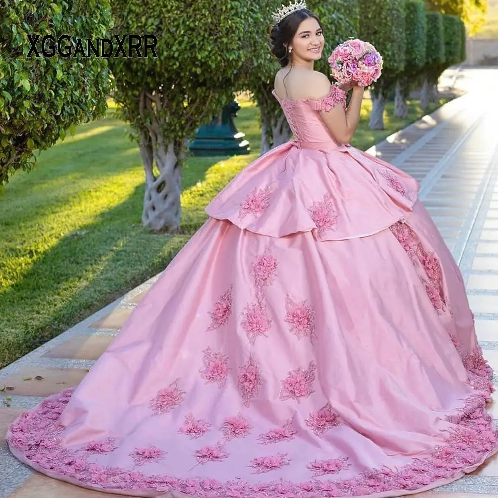 Robe Quinceanera rose en dentelle à fleurs, robe de bal mexicaine, robe de fête d'anniversaire, sur mesure, 15 anos, 2022