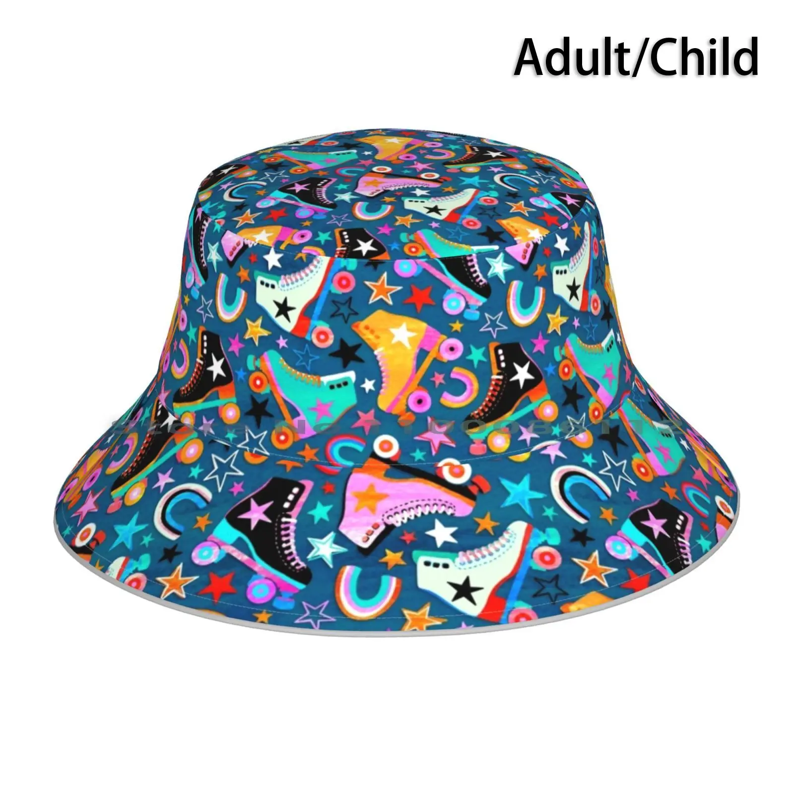 Retro Rainbow Roller Skates And Stars Bucket Hat Sun Cap Eighties Retro Roller Skates Skating Derby Stars Rainbow Grunge