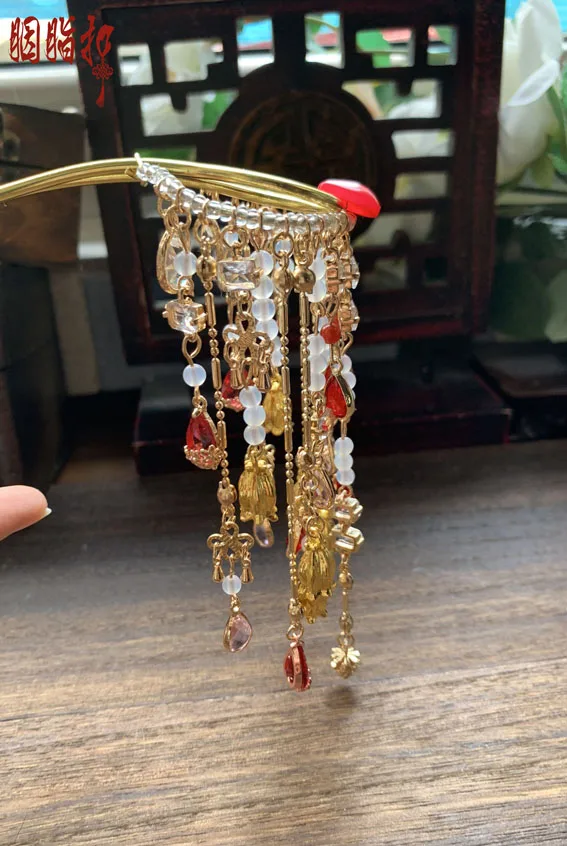 Fu Wu Colorful Gems Pearl Beads Long Tassel Hair Stick Vintage Original Handmade Hanfu Hair Accessory for TV Play Cosplay