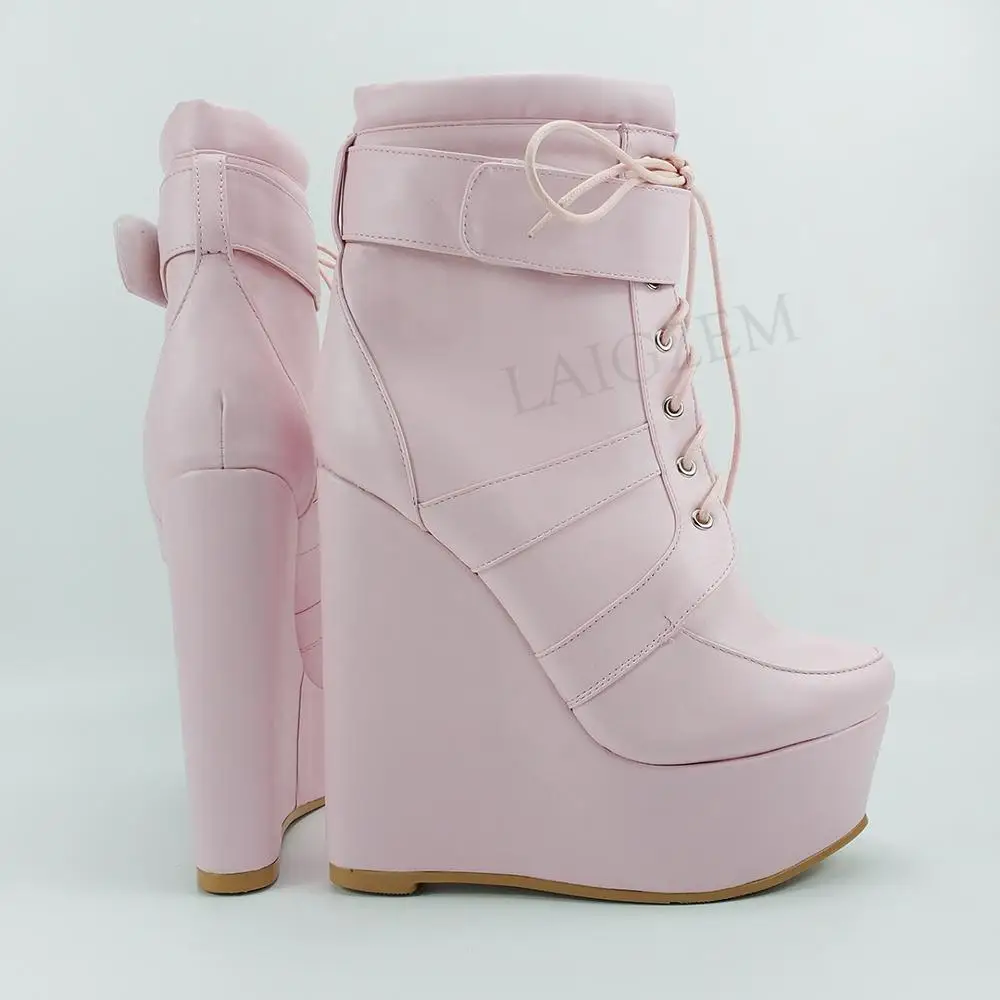 LAIGZEM Women Ankle Platform Wedges Boots Faux Leather Pink High Heeled Boots Unisex Casual Shoes Woman Big Size 42 45 47 48 52