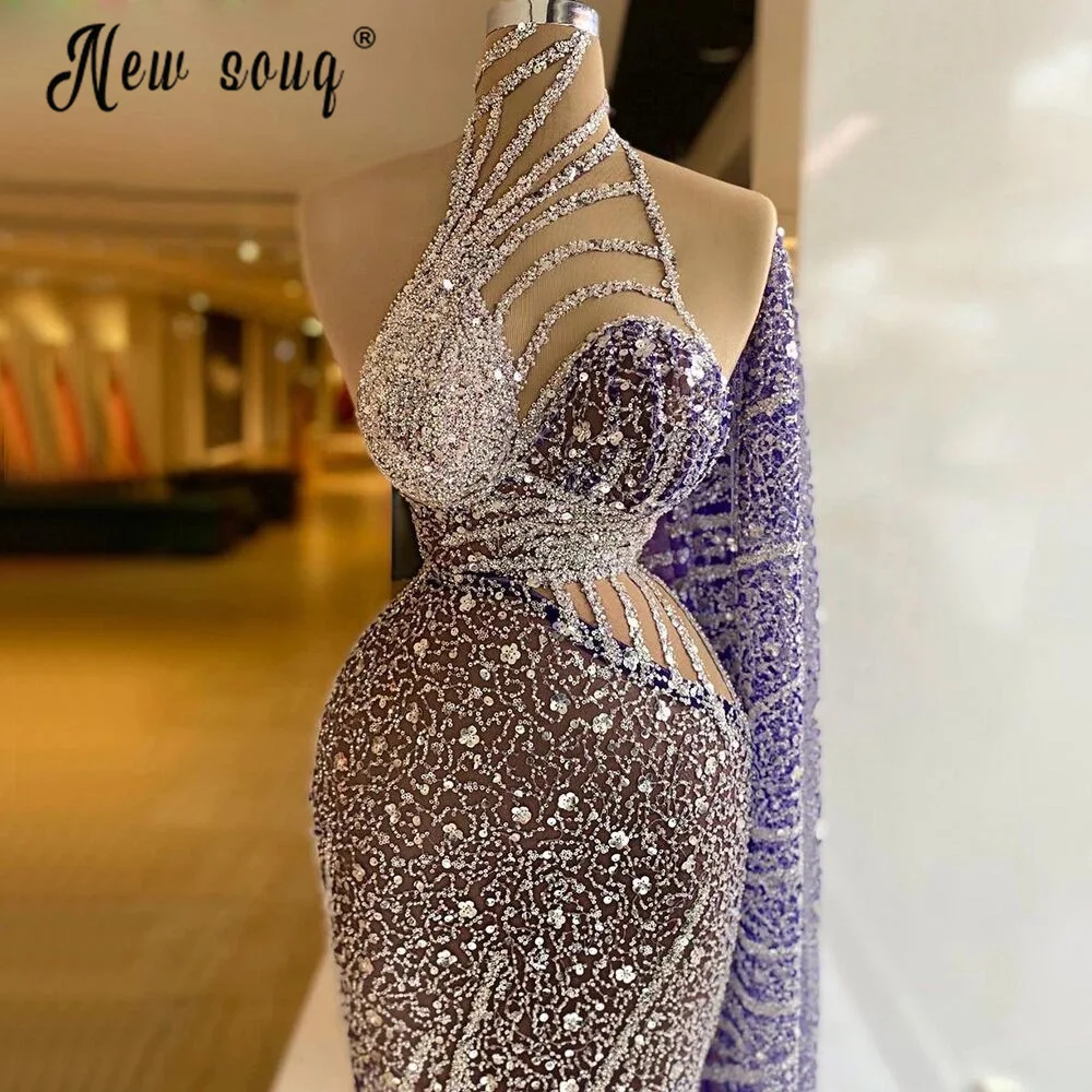 De soiree roxo ilusão sereia vestido de noite 2021 contas de luxo e pérolas com manga longa vestido de baile vestidos de fiesta dubai