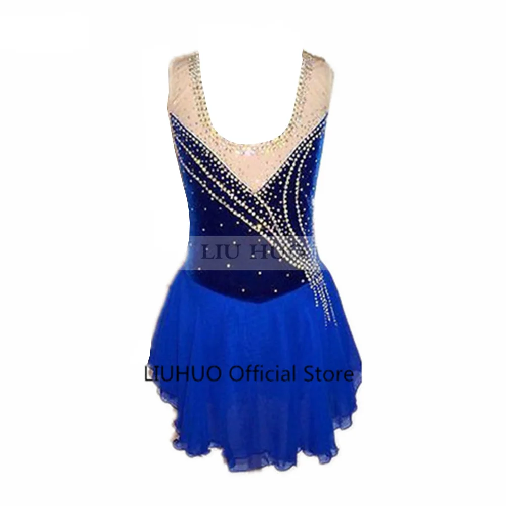 LIUHUO Women Girl Performance Roller Costume Competition Leotard Ice Figure Skating Dress Teens Dance Sleeveless Velvet Blue Red