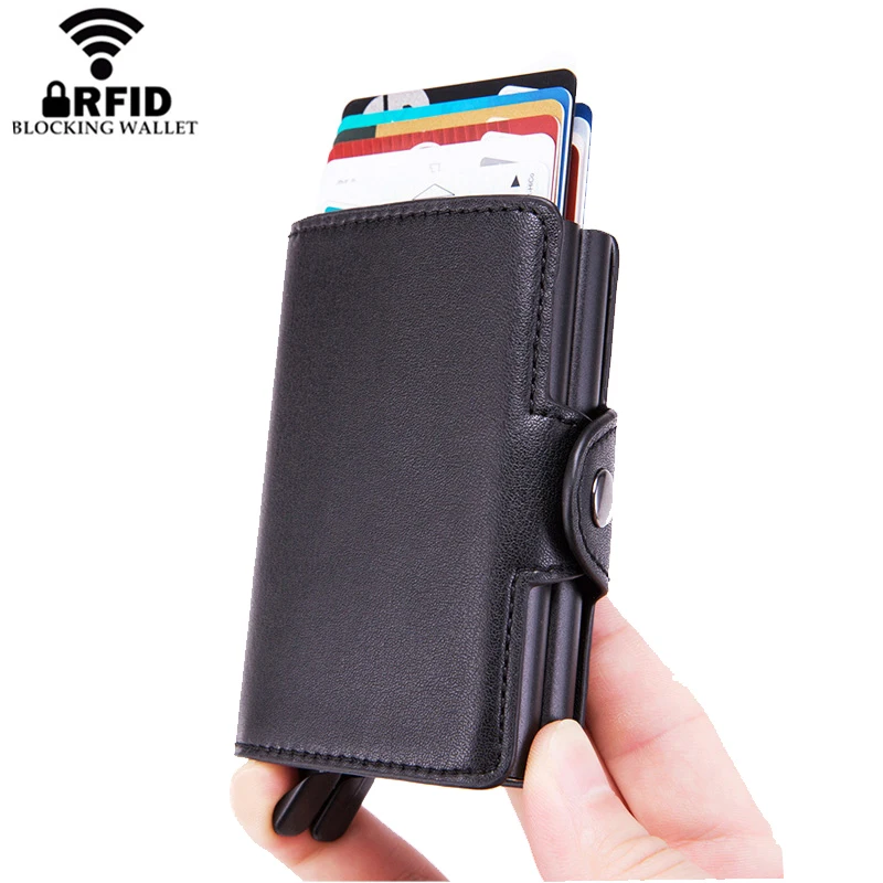 

Automatic Pop Up Anti RFID Aluminium Credit Card Holder Men Double Layers Leather Women Business ID Cards Case Wallet for Man