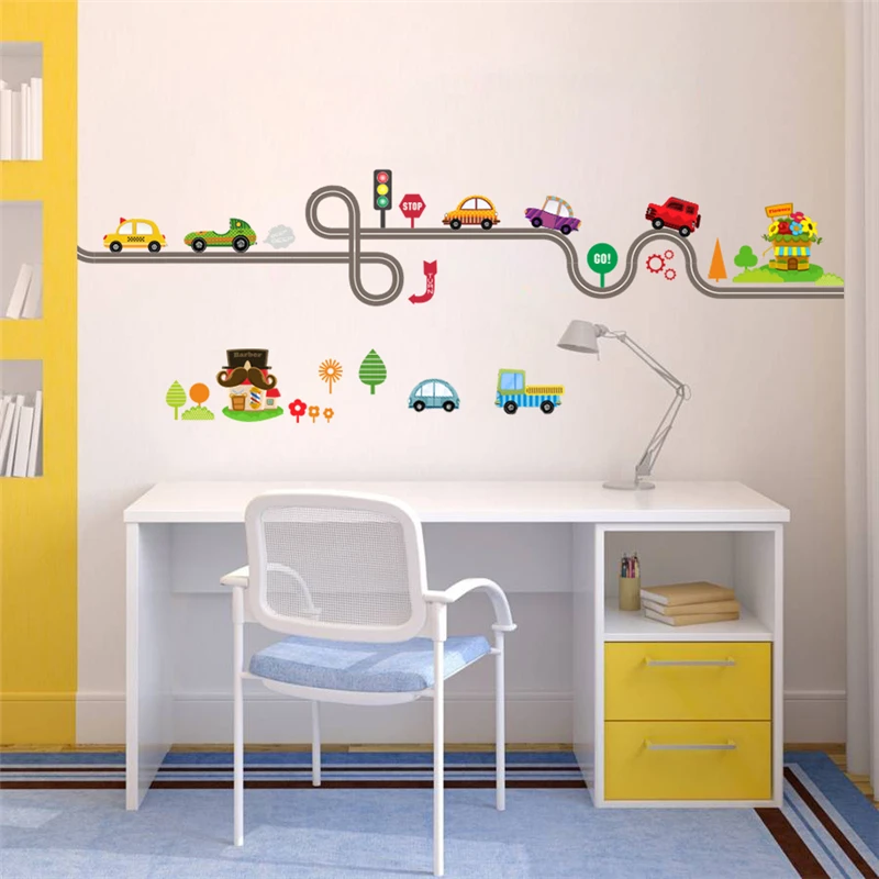 Lovely Cars Bus Taxi On Road Wall Sticker Kids Room Bedroom Baseboard Home Decoration Diy Animal Wall Mural Art Pvc Decals