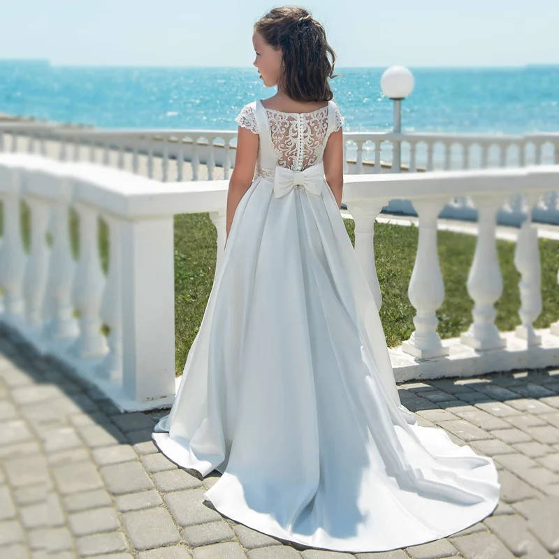 Vestidos elegantes de cetim infantil, vestidos para casamento, primeira comunhão, com manga curta, miçangas, festa de casamento