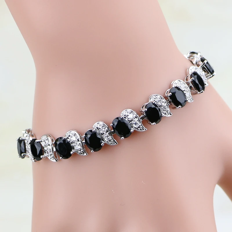 

925 Sterling Silver Jewelry Bracelet Black Cubic Zirconia White CZ Link Chain Charm Bracelet for Women