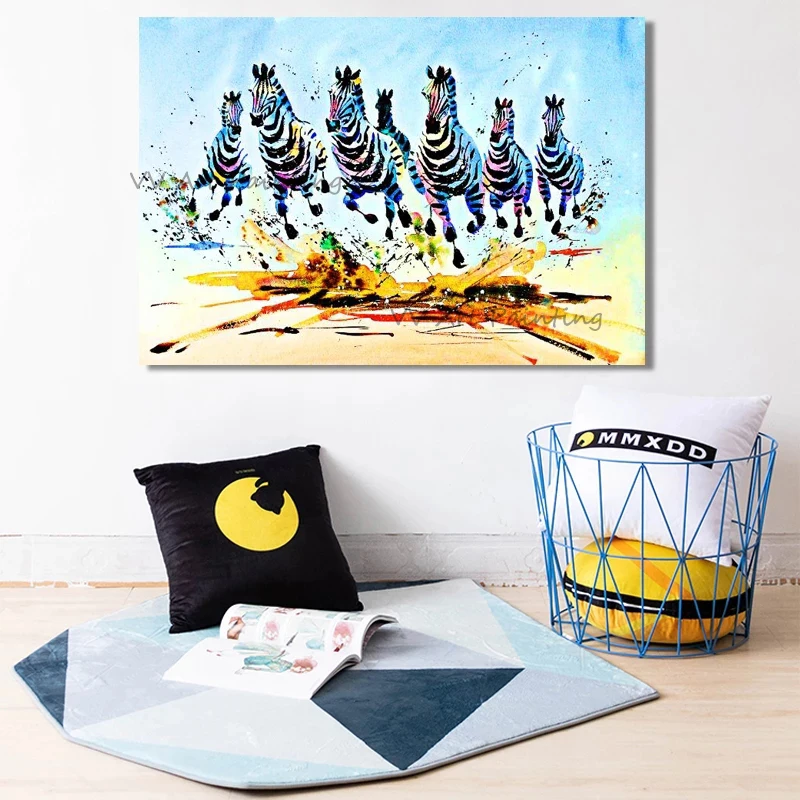 Horizontal Palette Knife Colorful Running Zebras Oil Painting 100% Handmade Canvas Splash Texture Sofa Wall Decor