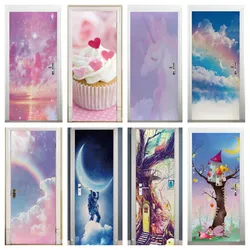 자체 접착 벽지 유니콘 구름 문 스티커, 소녀 방, 어린이 침실, 비닐 만화 포스터 3D 벽 스티커, 홈 디자인
