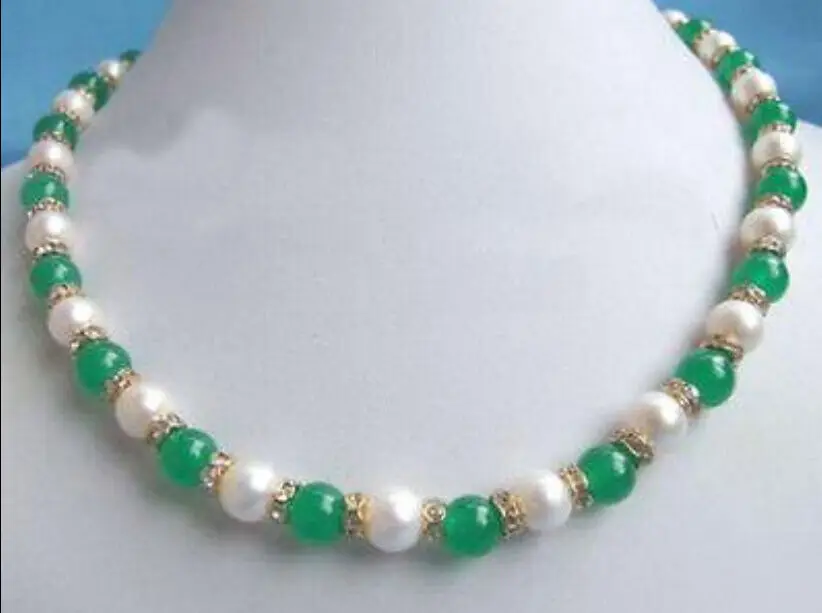 beautiful Excellent Genuine White Pearl Green Jade 18KGP Crystal Necklace