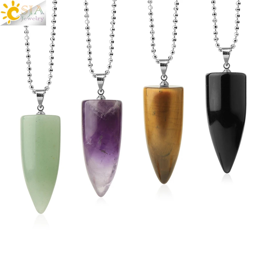 CSJA Natural Stone Necklace for Men Bullet Pendants Healing Crystal Quartz Lapis Lazuli Amethysts Black Obsidian Colliers G704